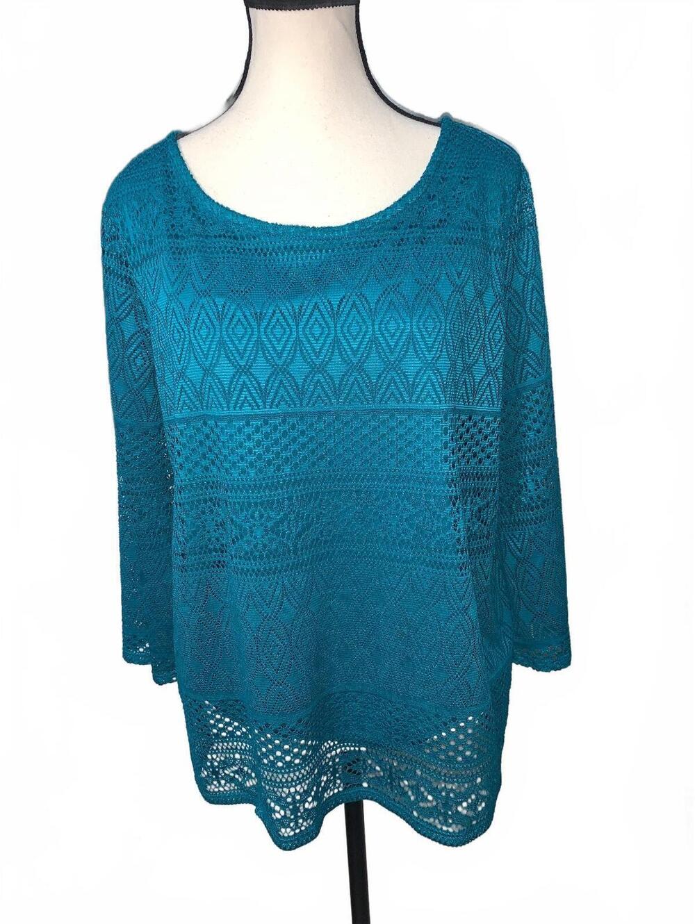 Dana Buchman Women's Large Teal Crochet Knit Long Sleeve Top, 96% Polyester, 4%